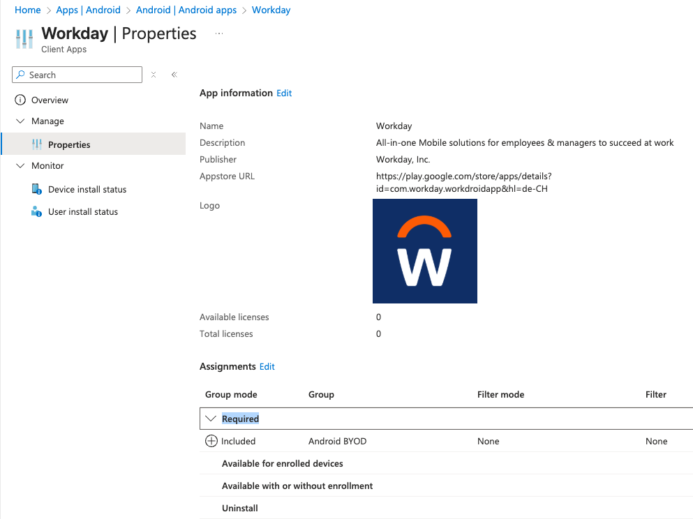 Workday app as required for Android BYOD group